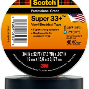 3M 06133 Electrical Tape; Scotch Super33+ For Creating Waterproof; Roll; 3/4 inch X 52 Foot; Black
