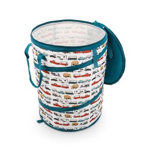 CAMCO 42986 Life Is Better at the Campsite Camper/RV Pop-Up Utility Container | Features Multi-Color Camping Themed Design & Holds 30-Gal. Kitchen-Size Trash Bags | Includes Heavy-Duty Stake