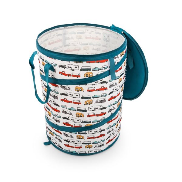 CAMCO 42986 Life Is Better at the Campsite Camper/RV Pop-Up Utility Container | Features Multi-Color Camping Themed Design & Holds 30-Gal. Kitchen-Size Trash Bags | Includes Heavy-Duty Stake