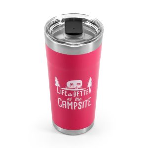 CAMCO 53061 Life is Better at The Campsite Tumbler | Heavy Duty Double Wall Vacuum Insulation | Crafted of 18/8 Stainless Steel | Unique Life is Better at The Campsite INCHDesign on Coral Pink | 20-oz
