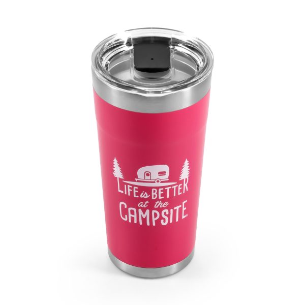 CAMCO 53061 Life is Better at The Campsite Tumbler | Heavy Duty Double Wall Vacuum Insulation | Crafted of 18/8 Stainless Steel | Unique Life is Better at The Campsite INCHDesign on Coral Pink | 20-oz