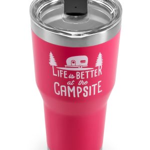 CAMCO 53062 Life is Better at The Campsite Tumbler | Heavy Duty Double Wall Vacuum Insulation | Crafted of 18/8 Stainless Steel | Unique Life is Better at The Campsite INCHDesign on Coral Pink | 30-oz