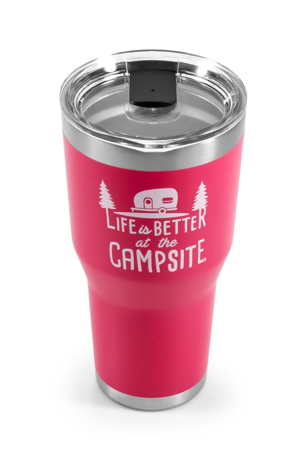 CAMCO 53062 Life is Better at The Campsite Tumbler | Heavy Duty Double Wall Vacuum Insulation | Crafted of 18/8 Stainless Steel | Unique Life is Better at The Campsite INCHDesign on Coral Pink | 30-oz