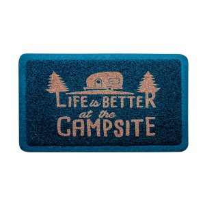 CAMCO 53201 Door Mat; Life Is Better At The Campsite For Indoor Or Outdoor Use; Retro RV Design With Life Is Better At The Campsite INCH Logo; Blue; Looped PVC; 29 Inch Width x 17-1/4 Inch Length