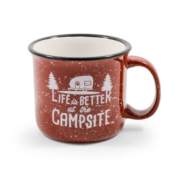 CAMCO 53235 Life is Better at the Campsite Ceramic Mug | Microwave and Dishwasher Safe | Speckled Red Background with White INCHLife is Better at the Campsite INCH Design | 14oz.