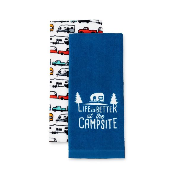 CAMCO 53301 LIBATC DISH TOWEL SET BLUE/WHITE, Kitchen Towel/ Dish Towel/ Hand Towel; 27 Inch Length x 16-1/2 Inch Width; One Navy With Life Is Better At The Campsite Logo Design And One White With Multi-Colored RV Print Design; 100% Cotton