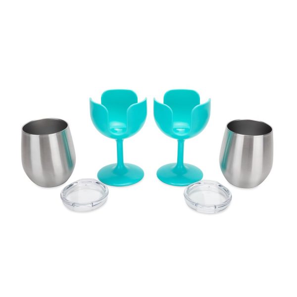 CAMCO 53484 Life is Better at The Campsite Wine Tumblers, Blue | Features (2) 8 oz. Stainless Steel Tumblers with Removable Stems | Perfect for Camping, Tailgating & Parties
