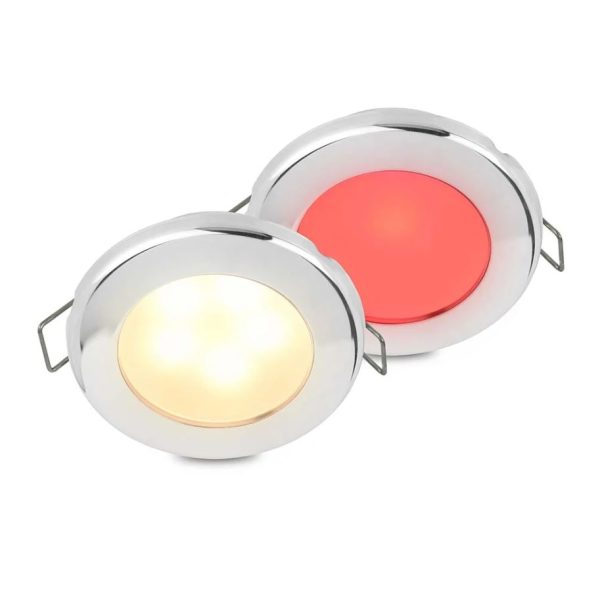 HELLA 015247621 ROUND WARM WHITE/RED - S/S BEZEL SP, Spring Mount; 3 Watt; 0.19 Amps; 12 Volt; Warm White/ Red LED Bulb; 72 Millimeter Round; 316 Stainless Steel Polished Housing; 2700K Color Temperature; 190 Lumens; IP6K7/ IP6K9K Waterproof
