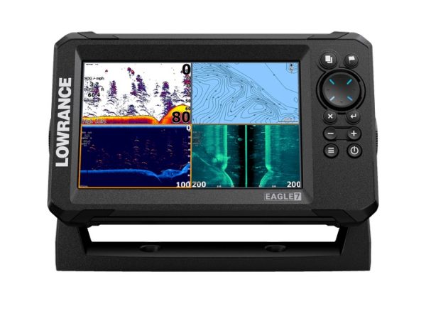 LOWRANCE 000-16227-001 EAGLE 7 SS + CMAP, 7 Inch IPS Display; 800 x 480 Pixel Resolution; Keypad; 10.118 Inch Length x 7.756 Inch Width x 8.858 Inch Height; IPX6/ IPX7 Rating Waterproof; Single Frequency Chirp/ Down Scan Sonar