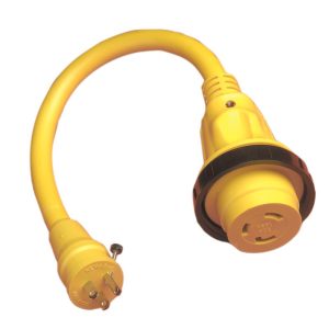 MARINCO 104SPP Power Cord Adapter; For Providing 30 Amp Female Connector To Boat Side From 15 Amp Male Plug Standard Power Outlet Dock Side; Pigtail Type; 15 Amp; 20 Inch Length; With Threaded Locking Ring; Waterproof