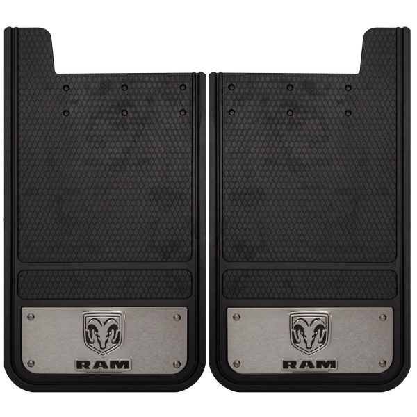 PLASTICOLOR 001836R01 Mud Flap; Heavy Duty; Universal 12 Inch x 23 Inch; Set Of 2; Flat; Ram Logo With Stainless Steel Insert; Fiberglass Reinforced; Screw On