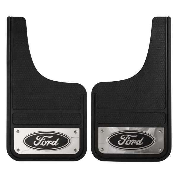 PLASTICOLOR 001837R01 Ford Oval Chrome Plated Heavy-Duty Black Front 12 x 22 Mud Guard Set