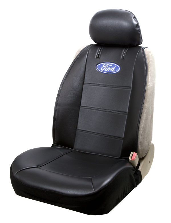 PLASTICOLOR 008584R01 Seat Cover; Low Back/ Sideless; Ford Logo; Fabric; Black/ Blue/ White; Single; With Headrest Cover; Seat Style C