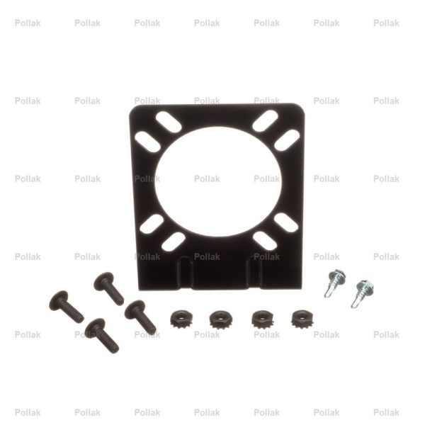 POLLAK 10-111V MOUNTING BRACKET INCLUDES HARDWARE, 7-Blade RV/ 6- Pole Round Sockets; 90 Degree Bent; Epoxy Coated; Black; Steel; Single; With Mounting Hardware