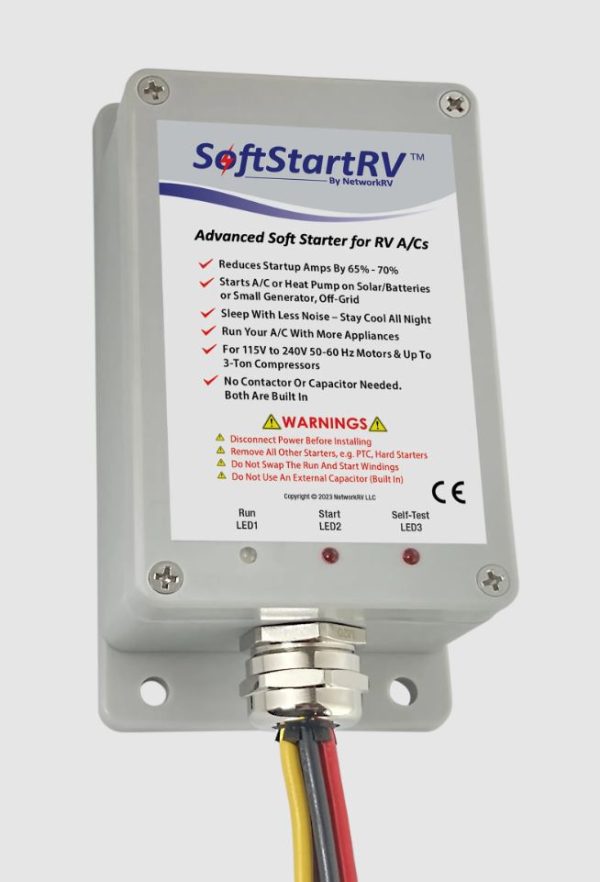 SOFT START SSRV3T3 SOFTSTART FOR RV A/CS, Used To Reduce The Air Conditioner Start Up Power Demand On The AC Power Source; For Use With All RV Rooftop And Basement Air Conditioners; 2.9 Inch Width x 5.6 Inch Height x 2 Inch Depth Overall Dimension