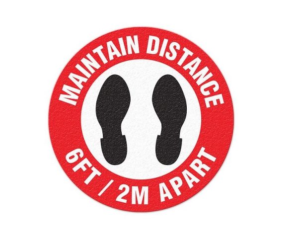 TOP TAPE FS1045V Social Distancing Sign; Floor Mount Adhesive Vinyl; 17 Inch Diameter; Red And Black With White Background; Maintain Distance - 6 Foot/ 2 Meter