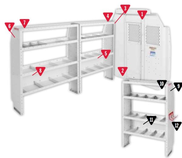 WEATHER GUARD 600-8440S PROMASTER 118WB COM SHELV, Commercial Shelving Package; Includes Screen Bulkhead/ Swing Door Conversion Kit/ Three 42 Inch X 13-1/2 Inch Adjustable 4 Shelf Set/ Three Lightweight Shelf Back Panels/ Three Hook Cord Tool Holder
