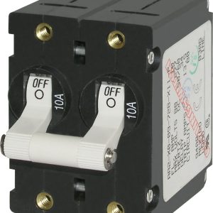 BLUE SEA 7233 CIRCUIT BREAKER AA2TOGGLE 10A WHT, 10 Ampere; 120/ 240 Volt AC/ 65 Volt DC; For Blue Sea System Electrical Panels; White; Double Pole Magnetic Hydraulic Type; Toggle Actuator; #10-32 Screw Terminal; Single