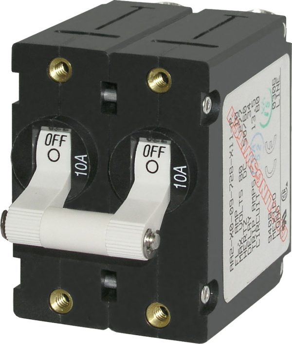 BLUE SEA 7233 CIRCUIT BREAKER AA2TOGGLE 10A WHT, 10 Ampere; 120/ 240 Volt AC/ 65 Volt DC; For Blue Sea System Electrical Panels; White; Double Pole Magnetic Hydraulic Type; Toggle Actuator; #10-32 Screw Terminal; Single