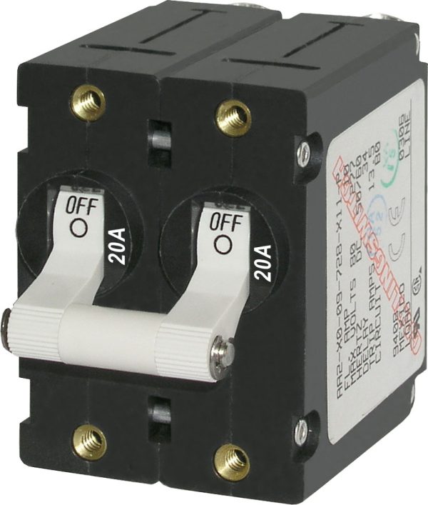 BLUE SEA 7260-BSS CIRCUIT BREAKER AA2TOGGLE 20A WHT, 20 Ampere/ 120/ 240 Volt AC/ 32 Volt DC; White; Double Pole Magnetic Hydraulic Type; Toggle Actuator; No 10-32 Stainless Steel Screw Terminal; UL 1077/ TUV/ CE/ CSA Certified