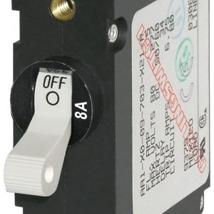 BLUE SEA 7299 CIRCUIT BREAKER AA1TOGGLE 8A WHT, 8 Ampere; 240 Volt AC/ 65 Volt DC; White; Single Pole Magnetic Hydraulic Type; Toggle Actuator; #10-32 Screw Terminal; Single