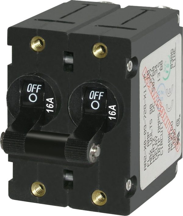 BLUE SEA 7348 CIRCUIT BREAKER AA2TOGGLE 16A BLK, 16 Ampere; 120/ 240 Volt AC/ 65 Volt DC; For Blue Sea System Electrical Panels; Black; Double Pole Magnetic Hydraulic Type; Toggle Actuator; #10-32 Screw Terminal; Single