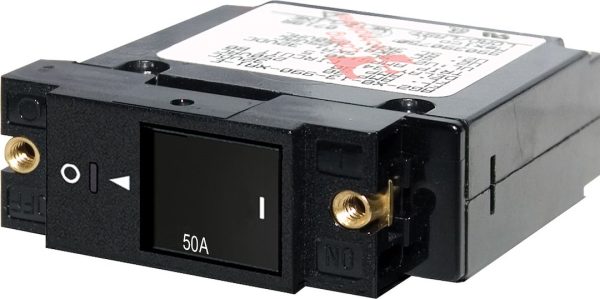 BLUE SEA 7433 CIRCUIT BREAKER SC1 SLOT ROCKER 50A, 50 Ampere; 240 Volt AC/ 32 Volt DC; Single Pole Magnetic Hydraulic Type; Restricted-OFF Rocker Actuator; #10-32 Screw Terminal; Single