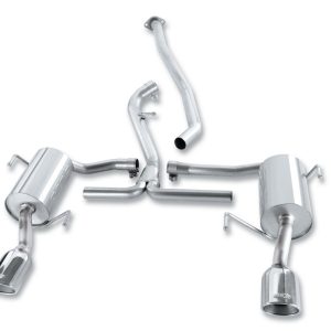 BORLA 140324 Exhaust System Kit; Cat-Back System; T-304 Stainless Steel; With Mufflers; 2-1/4 Inch To 2 Inch Pipe Diameter; Single Exhaust With Dual Exit; Split Rear Exit; 4-1/4 Inch x 3-1/2 Inch Oval Polished T-304 Stainless Steel Tip