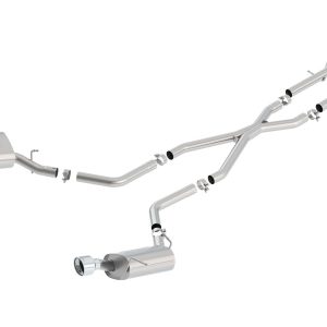 BORLA 140449 Exhaust System Kit; Cat-Back System; T-304 Stainless Steel; With Mufflers; 2-1/2 Inch Pipe Diameter; Dual Exhaust With Dual Exit; Rear Exit; 4 Inch Diameter x 6 Inch Length Round Polished T-304 Stainless Steel Tip