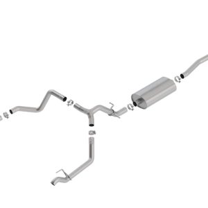 BORLA 140767 Exhaust System Kit; Touring Cat Back System; T-304 Stainless Steel; With Muffler; 3 Inch Pipe Diameter To 2-3/4 Inch Pipe Diameter; Single Exhaust With Dual Exit; Split Rear Exit; Without Tips; Re-Use Factory Tips