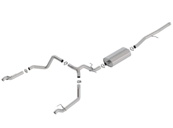 BORLA 140767 Exhaust System Kit; Touring Cat Back System; T-304 Stainless Steel; With Muffler; 3 Inch Pipe Diameter To 2-3/4 Inch Pipe Diameter; Single Exhaust With Dual Exit; Split Rear Exit; Without Tips; Re-Use Factory Tips