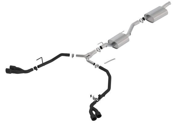 BORLA 140814CB Touring Cat-Back Exhaust System Dual Round Angle Cut 2.75 in Split Into Dual 2 in. Truck Split Side Exit Ceramic Black 3.5 in. Tip T-304 Stainless Steel Touring Cat-Back Exhaust System