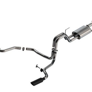 BORLA 140903BC Exhaust System Kit; S-Type Cat Back System; T-304 Stainless Steel; With Muffler; 3 Inch To 2-1/4 Inch Pipe Diameter; Single Exhaust With Dual Exit; Single Split Rear Exit; 4 Inch Round Rolled Angle-Cut Black T-304 Stainless Steel Tips