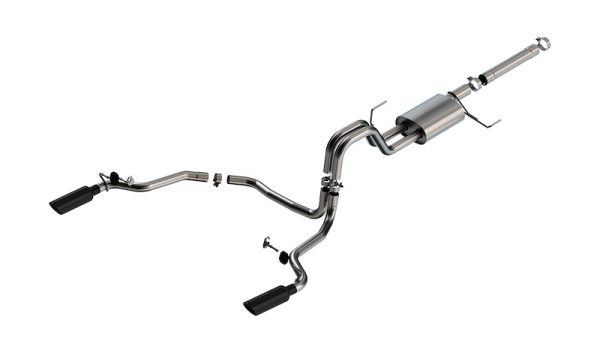 BORLA 140903BC Exhaust System Kit; S-Type Cat Back System; T-304 Stainless Steel; With Muffler; 3 Inch To 2-1/4 Inch Pipe Diameter; Single Exhaust With Dual Exit; Single Split Rear Exit; 4 Inch Round Rolled Angle-Cut Black T-304 Stainless Steel Tips