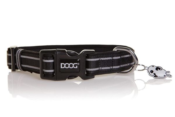 DOOG COLBFL-L Pet Collar; Lassie; Large Size For Dog Adjustable From 16 Inch To 24 Inch Diameter/ 1.3 Inch Width; Black With Reflective Strip; Neoprene Base With Nylon Finish; Plastic Buckle Closure; Hand Washable; With Silver ID Tag