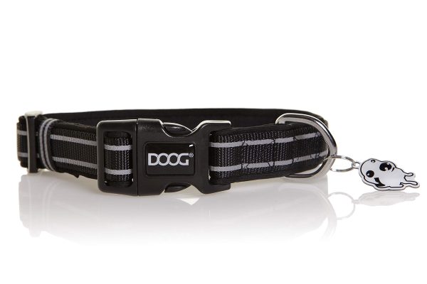 DOOG COLBFL-M Pet Collar; Lassie; Medium Size For Dog Adjustable From 12 Inch To 18 Inch Diameter/ .9 Inch Width; Black With Reflective Strip; Neoprene Base With Nylon Finish; Plastic Buckle Closure; Hand Washable; With Silver ID Tag