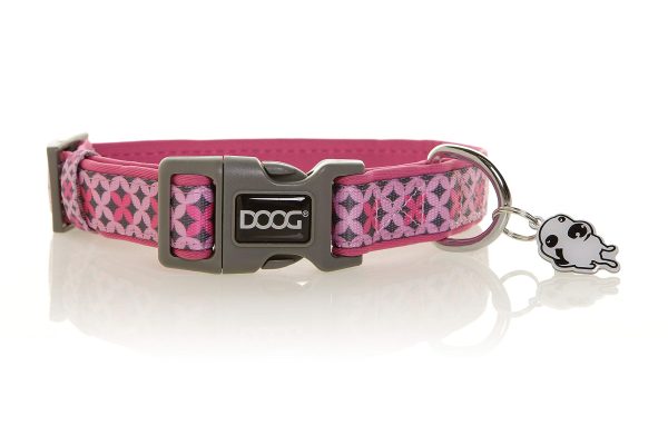 DOOG COLPBS-L Pet Collar; Toto; Large Size For Dog Adjustable From 16 Inch To 24 Inch Diameter/ 1.3 Inch Width; Pink/ Gray; Geometric Pattern; Neoprene Base With Nylon Finish; Plastic Buckle Closure; Hand Washable; With Silver ID Tag