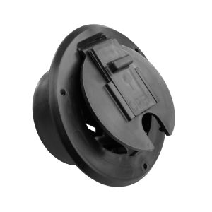 JR PRODUCTS S-23-12-A ROUND CABLE HATCH 30 AMP BLACK, 2-27/32 Inch Cutout Dimension; 4-5/16 Inch x 1-7/8 Inch Collar Depth; Round; Accepts 30 Amp Cord; Black