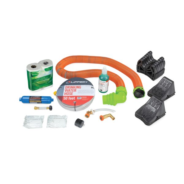 LIPPERT 2023000843 Standard RV Starter Kit with Power Adapter, Regulator, Filter, Tank Filler, Water Hose, Sewer Hose Kit, Hose Support, Tank Treatment, Toilet Paper, Wheel Chocks