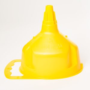 MIDWEST CAN 3655 EASY-FILL FUNNEL JR, Round; 6-1/4 Inch Diameter x 7-3/4 Inch Height; 0.38 Gallon Capacity; Yellow; High-Density Polyethylene; With Integrated Filter/ Splash Guard/ Finger Holds/ Gripping Ribs