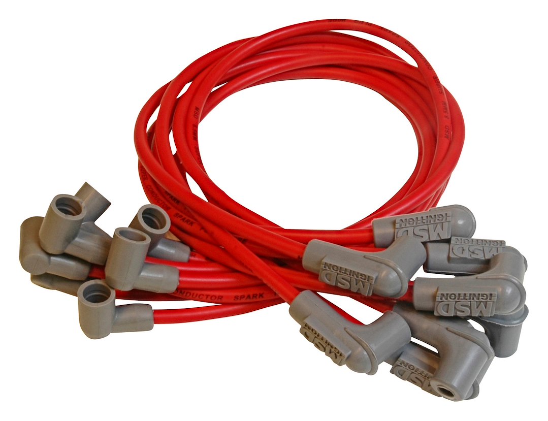 MSD 31659 WIRE SET SUPER CONDUCTOR, Pre Assembled; Red; 8-1/2 Millimeter; Silicone and Synthetic; Helically Wound Copper Alloy Conductor With Ferro-Magnetic Impregnated Center Core; 90 Degree Spark Plug Boots