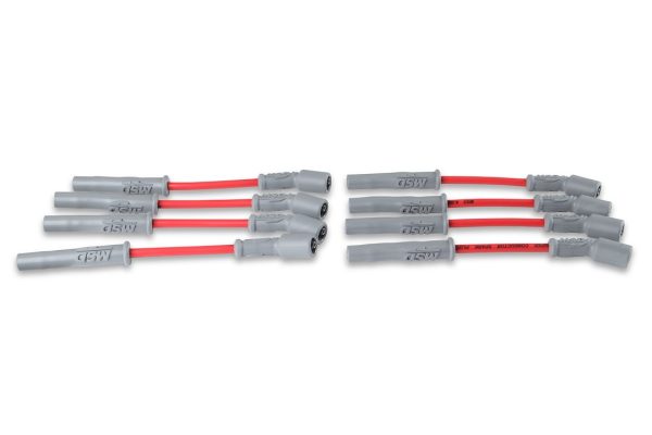 MSD 33829 SPARK PLUG WIRES, Pre Assembled; Red; 8-1/2 Millimeter; Silicone and Synthetic; Helically Wound Copper Alloy Conductor With Ferro-Magnetic Impregnated Center Core; 45 Degree Spark Plug Boots; Factory Style Distributor Boots and Terminals