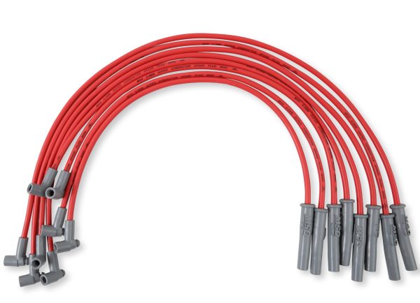MSD 35379 Spark Plug Wire Set; Super Conductor; Pre Assembled; Red; 8-1/2 Millimeter; Silicone and Synthetic; Helically Wound Copper Alloy Conductor With Ferro-Magnetic Impregnated Center Core; Straight Spark Plug Boots