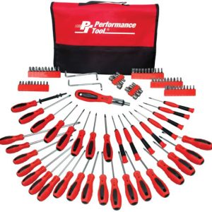 PERFORM TOOL W1721 Screwdriver Set with Chrome Vanadium Blades, Magnetic Tips, and Zippered Organizing Pouch, Red (100-Piece)