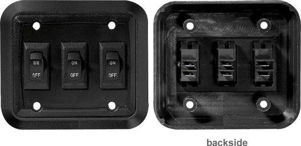 RV DESIGNER S660 Multi Purpose Switch; Use For Lighting Control/ Entry Steps/ Appliance; Wall Plate Switch; Triple; Single Pole Single Throw (SPST); Rocker; Black; 3.53 Inch x 4 Inch; Non-Lighted; With Raised Bezel And Plate