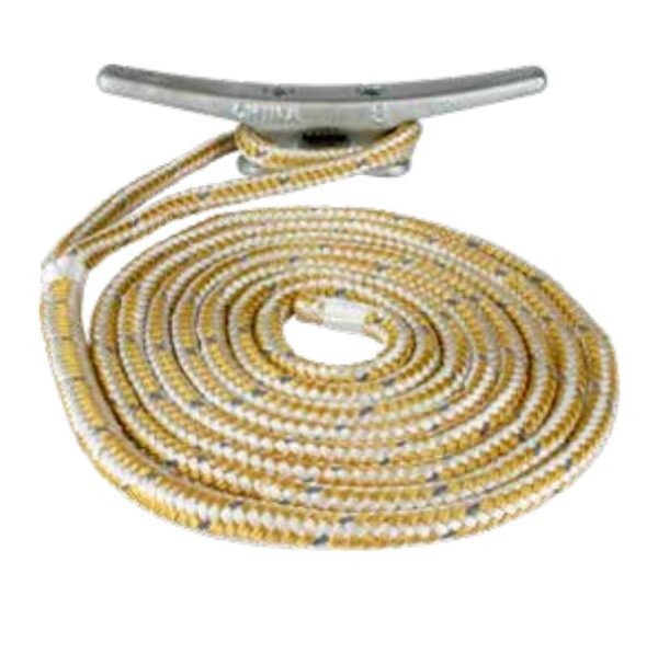 SEA-DOG 302110020G/WT-1 DOUBLE BRAIDED NYLON DOCK LINE 3/8, Double Braided With Reflective Tracer; 825 Pounds Working Load Limit/ 3800 Pounds Breaking Strength; 3/8 Inch Diameter x 20 Foot Length; Gold/ White; Premium Nylon; 12 Inch Spliced Soft Eye End