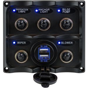 SEA-DOG 424617-1 WATER RESISTANT TOGGLE SWITCH PANEL W/USB POWER SOCKET - 5 TOGGLE