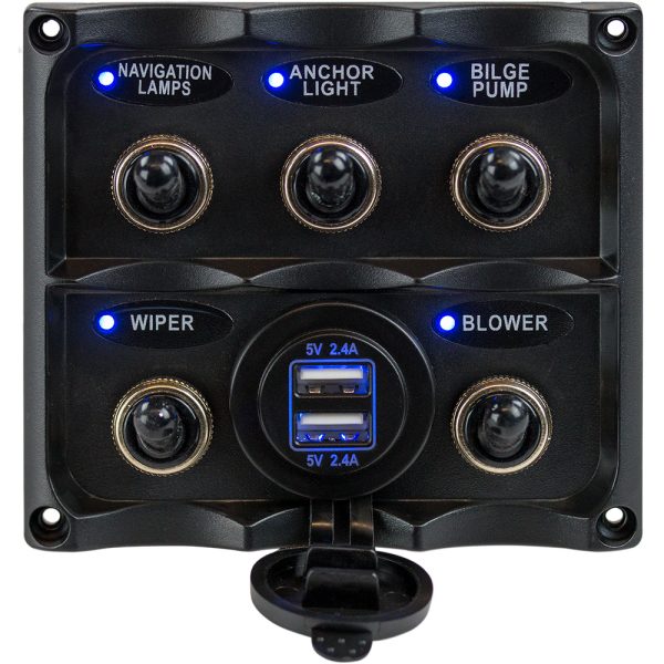 SEA-DOG 424617-1 WATER RESISTANT TOGGLE SWITCH PANEL W/USB POWER SOCKET - 5 TOGGLE