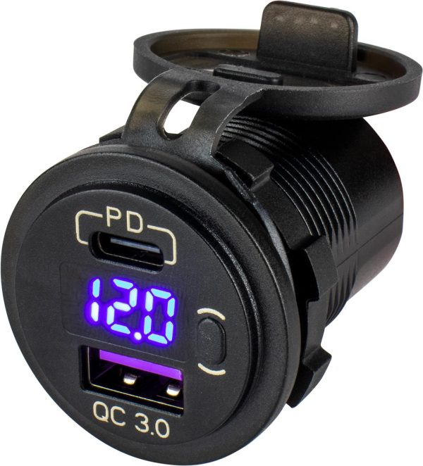 SEA-DOG 426518-1 ROUND USB & USB-C POWER SOCKET W/HIDDEN VOLTMETER