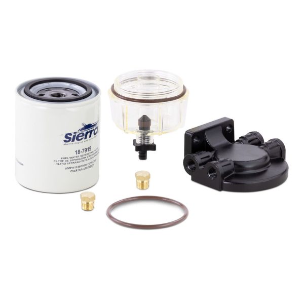 SIERRA 18-7932-1 RACOR STYLE FUEL WATER SEPARATOR, 10 Micron Element; Aluminum Housing; 1/4 Inch Inlet/Outlet Size; With Fuel Water Separator/ Mounting Bracket/ Two 1/4 Inch Pipe Plugs/ AquaVue Collection Bowl